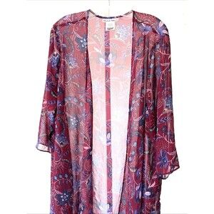 Elisabeth Williams Women Open Cardigan Red Pink Floral High Low Semi Sheer 3X